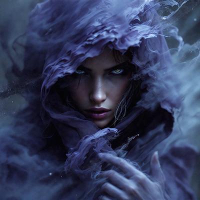 The primary subject of the image is a woman with purple eyes, wearing a purple hooded robe. She is looking directly at the camera, creating a sense of mystery and intrigue. The setting appears to be a dark, foggy environment, which adds to the overall mood of the image. The visual style is a combination of digital art and illustration, giving the image a unique and captivating appearance. The dominant colors in the image are purple and blue, which contribute to the overall atmosphere of the scene